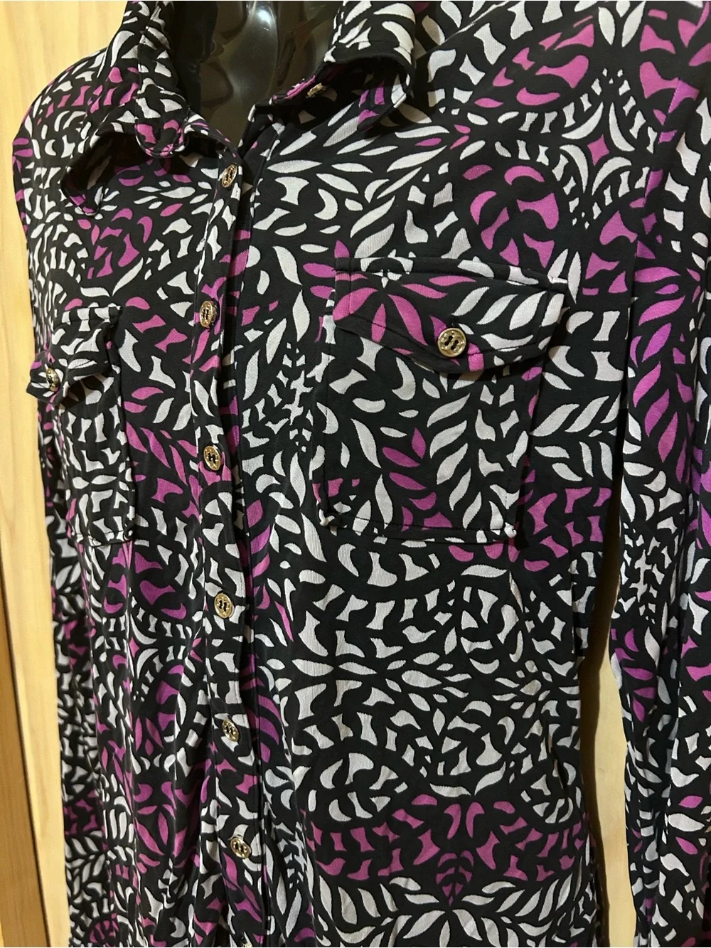Tory Burch Black, White & Purple Printed Button-Down Silk Shirt